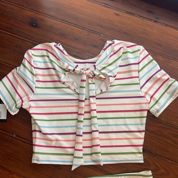 NWT Kate Spade striped short sleeve crewneck modest bikini swimsuit set sz L - Picture 6 of 8